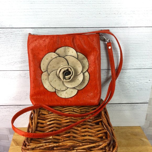None Handbags - Orange w/Cream Flower Crossbody Bag
